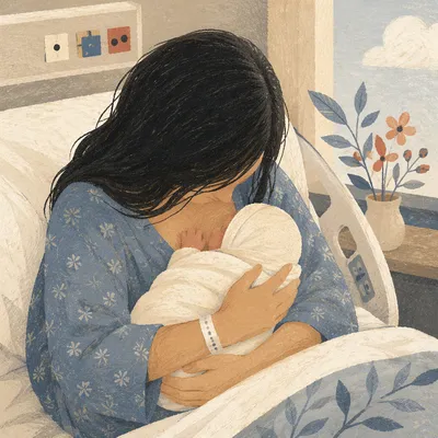 Mother Cradling Newborn in Gentle Hospital Light