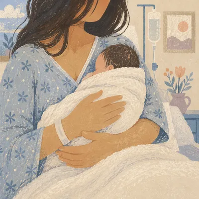 Gentle Mother Cradling Newborn in Hospital