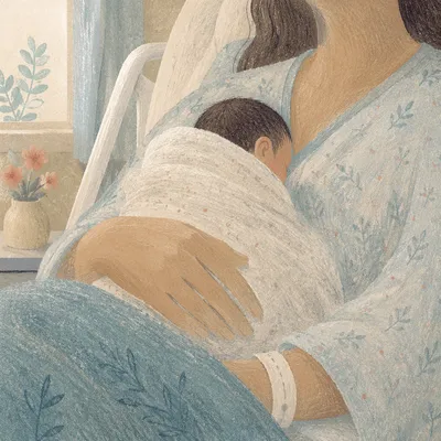 Gentle Mother Cradling Newborn in Hospital