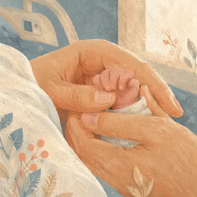 Newborn Hand Held by Mother in Hospital