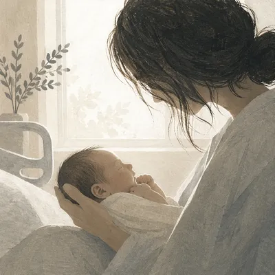 Tender Mother Cradling Newborn in Hospital Light