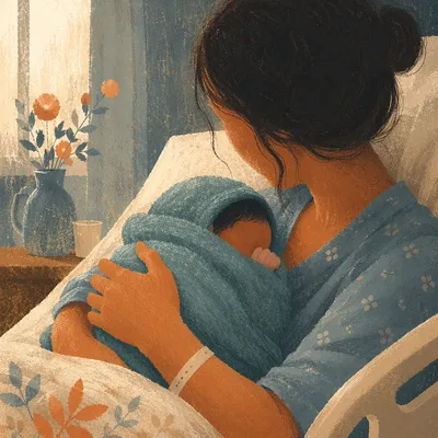 Gentle Mother Cradling Newborn in Hospital