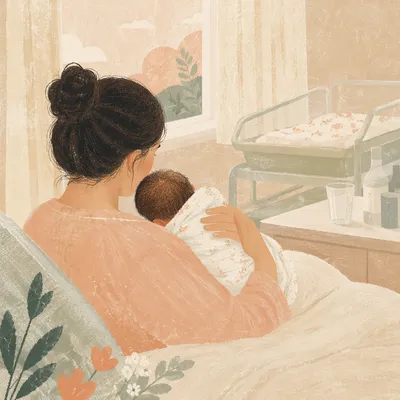 Mother Cradling Newborn in Gentle Hospital Light