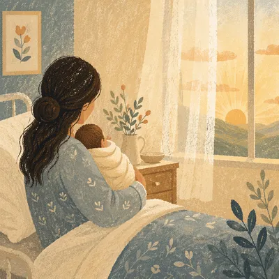 Mother Cradling Newborn in Gentle Dawn Light