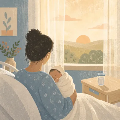 Mother Cradling Newborn in Morning Hospital Light