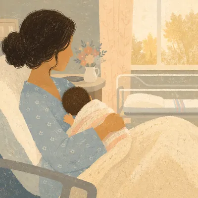 Tender Mother Cradling Newborn in Hospital