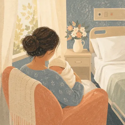 Mother Cradling Newborn in Gentle Hospital Light