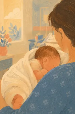 Gentle Mother Cradling Newborn in Hospital