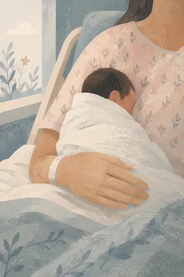 Gentle Mother Cradling Newborn in Hospital