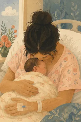 Tender Mother Cradling Newborn in Hospital