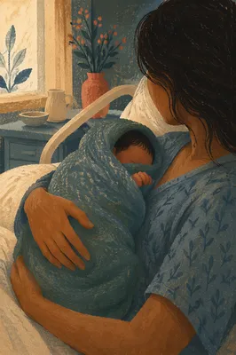 Tender Mother Cradling Newborn in Hospital Light