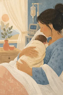 Mother Holding Newborn in Gentle Hospital Light