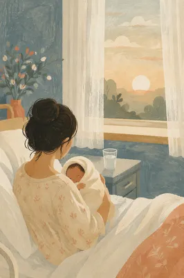 Mother Cradling Newborn in Gentle Dawn Light