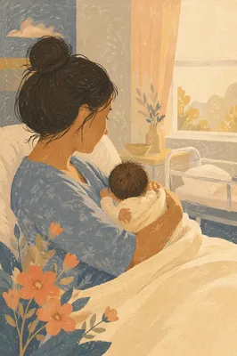 Tender Mother Cradling Newborn in Morning Light