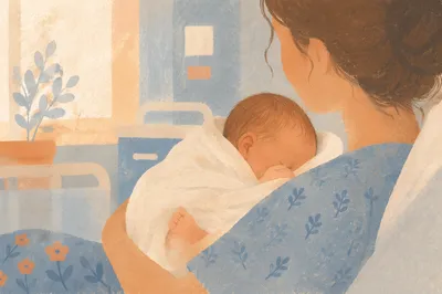 Mother Cradling Newborn in Gentle Hospital Light