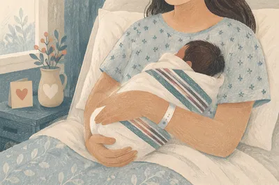 Gentle Mother Holding Newborn in Hospital