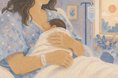 Mother Cradling Newborn in Gentle Hospital Light