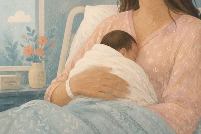 New Mother Cradling Newborn in Hospital Light