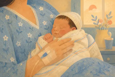 Mother Cradling Newborn in Gentle Hospital Light