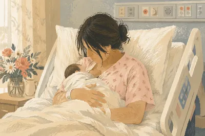 New Mother Cradling Newborn in Hospital Light