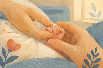 Mother Cradling Newborn Hand in Hospital Light