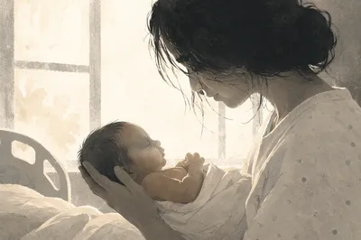 Mother Cradling Newborn in Gentle Hospital Light