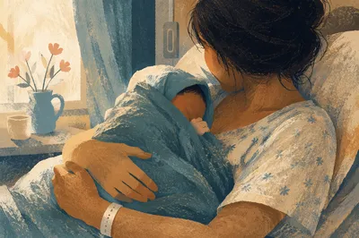 Tender Mother and Newborn Hospital Embrace