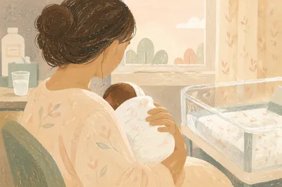 Mother Cradling Newborn in Gentle Hospital Light