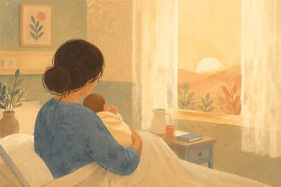 Mother Cradling Newborn in Gentle Hospital Dawn