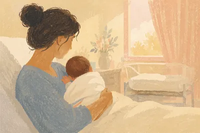 Mother Cradling Newborn in Gentle Hospital Light