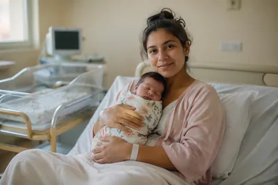 Mother Holding Newborn in Hospital Bed