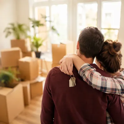 Couple Embracing in Bright New Apartment