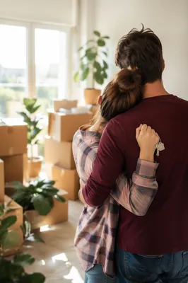 Couple Embracing in Bright New Apartment
