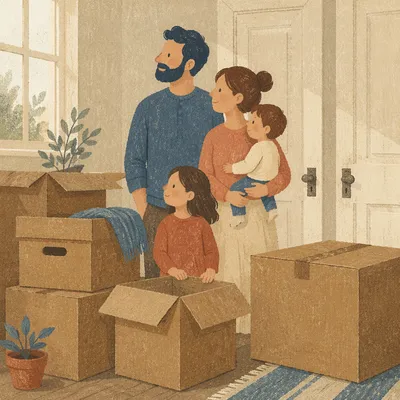 Stacked Moving Boxes in Quiet Living Room