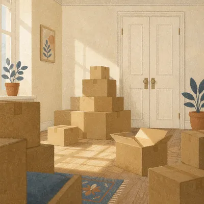 Moving Boxes in Sunlit Empty Living Room
