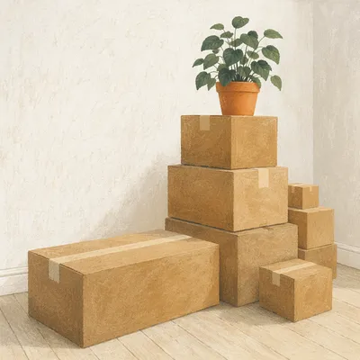 Stacked Moving Boxes in Bright Empty Living Room
