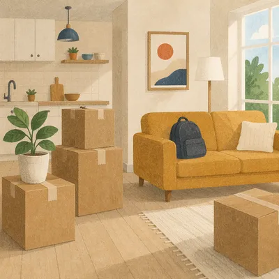 Moving Boxes in Airy New Living Room