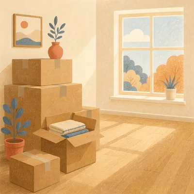 Moving Boxes in Sunlit Empty Living Room