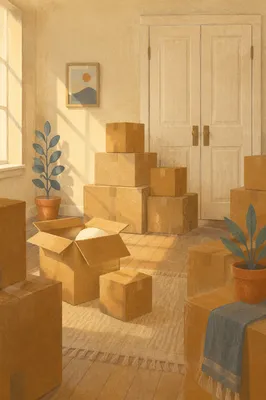 Stacked Moving Boxes in Sunlit Living Room