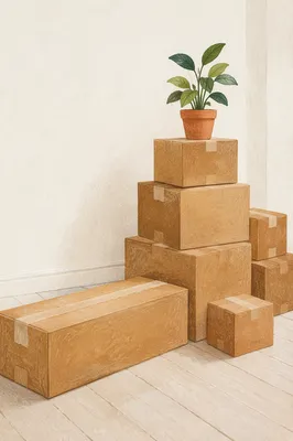 Stacked Moving Boxes in Bright Empty Living Room