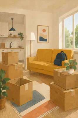 Moving Boxes in Calm New Living Room