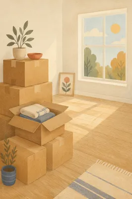 Hopeful Moving Boxes in Sunlit Living Room