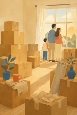Hopeful New Home Moving Boxes Scene