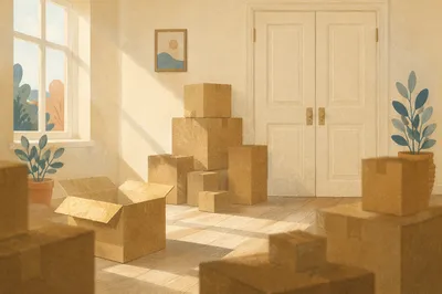 Sunlit Moving Boxes in Empty Living Room