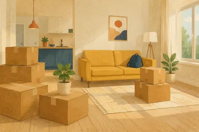 Moving Boxes in Bright New Living Room