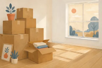 Moving Boxes in Sunlit Empty Living Room