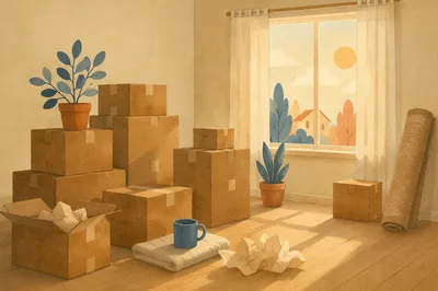 Hopeful New Home Moving Boxes Scene