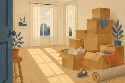 Hopeful New Home Moving Boxes Scene