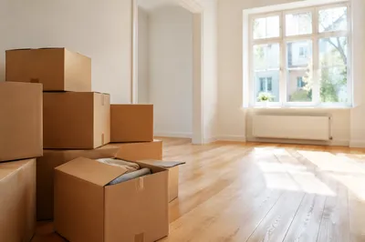 Hopeful Moving Boxes in Bright Living Room