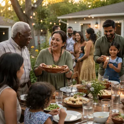 Multigenerational Family Celebration in Backyard at Sunset